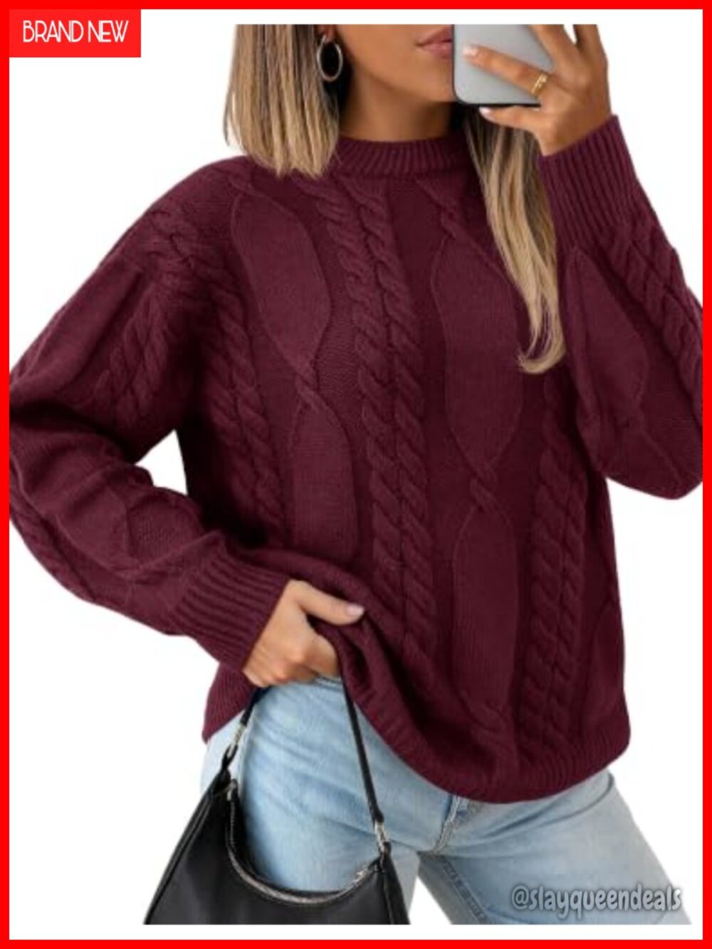 Womens Cable Knit Pullover Sweater Long Sleeve Crewneck Loose Fit